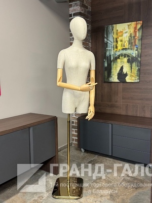 M-429 Манекен торс демонстрационный женский, шарнирные руки дерево на подставке, серый/золото